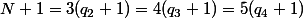 N+1=3(q_2+1)=4(q_3+1)=5(q_4+1)