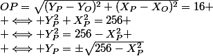 OP=\sqrt{(Y_P-Y_O)^2+(X_P-X_O)^2}=16
 \\ \Longleftrightarrow Y_P^2+X_P^2=256
 \\ \Longleftrightarrow Y_P^2=256-X_P^2
 \\ \Longleftrightarrow Y_P=\pm\sqrt{256-X_P^2}