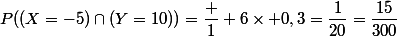 P((X=-5)\cap(Y=10))=\dfrac 1 6\times 0,3=\dfrac{1}{20}=\dfrac{15}{300}