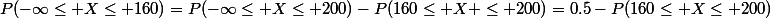 P(-\infty\le X\le 160)=P(-\infty\le X\le 200)-P(160\le X \le 200)=0.5-P(160\le X\le 200)