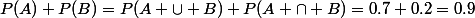 P(A)+P(B)=P(A \cup B)+P(A \cap B)=0.7+0.2=0.9