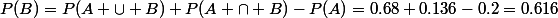 P(B)=P(A \cup B)+P(A \cap B)-P(A)=0.68+0.136-0.2=0.616