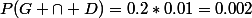 P(G \cap D)=0.2*0.01=0.002