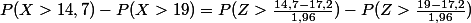 P(X>14,7)-P(X>19)=P(Z>\frac{14,7-17,2}{1,96})-P(Z>\frac{19-17,2}{1,96})