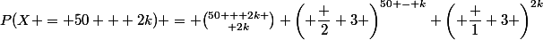 P(X = 50 + 2k) = {50 + 2k \choose 2k} \left( \dfrac 2 3 \right)^{50 - k} \left( \dfrac 1 3 \right)^{2k}