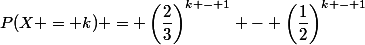 P(X = k) = \left(\dfrac{2}{3}\right)^{k - 1} - \left(\dfrac{1}{2}\right)^{k - 1}