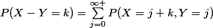 P(X-Y=k)=\sum_{j=0}^{\infty }{P(X=j+k,Y=j)}