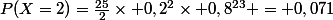 P(X=2)=\frac{25}{2}\times 0,2^{2}\times 0,8^{23} = 0,071