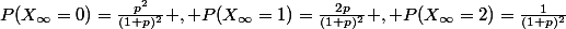 P(X_{\infty}=0)=\frac{p^2}{(1+p)^2} , P(X_{\infty}=1)=\frac{2p}{(1+p)^2} , P(X_{\infty}=2)=\frac{1}{(1+p)^2}