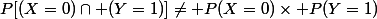 P[(X=0)\cap (Y=1)]\not= P(X=0)\times P(Y=1)