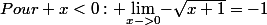 Pour x<0: {\lim_{x->0}}{-\sqrt{x+1}}=-1