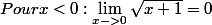 Pourx<0:\lim_{x->0}{\sqrt{x{}+1}}=0