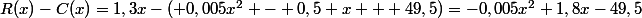 R(x)-C(x)=1,3x-( 0,005x^2 - 0,5 x + 49,5)=-0,005x^2+1,8x-49,5