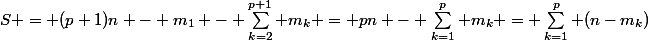 S = (p+1)n - m_1 - \sum_{k=2}^{p+1} m_k = pn - \sum_{k=1}^p m_k = \sum_{k=1}^p (n-m_k)