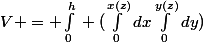 V = \int_{0}^{h}{} (\int_{0}^{x(z)}{dx}\int_{0}^{y(z)}{dy})