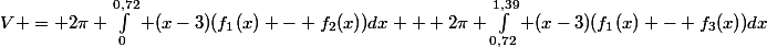V = 2\pi \int_0^{0,72} (x-3)(f_1(x) - f_2(x))dx + 2\pi \int_{0,72}^{1,39} (x-3)(f_1(x) - f_3(x))dx