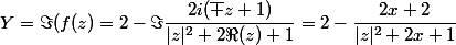 Y=\Im(f(z)=2-\Im\dfrac{2i(\bar z+1)}{|z|^2+2\Re(z)+1}=2-\dfrac{2x+2}{|z|^2+2x+1}