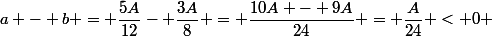 a - b = \dfrac{5A}{12}- \dfrac{3A}8 = \dfrac{10A - 9A}{24} = \dfrac{A}{24} < 0 
