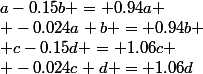 a-0.15b = 0.94a
 \\ -0.024a+b = 0.94b
 \\ c-0.15d = 1.06c
 \\ -0.024c+d = 1.06d
