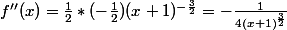 f''(x)=\frac{1}{2}*(-\frac{1}{2}})(x+1)^{-\frac{3}{2}}=-\frac{1}{4(x+1)^{\frac{3}{2}}}