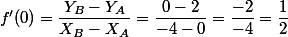 f'(0)=\dfrac{Y_B-Y_A}{X_B-X_A}=\dfrac{0-2}{-4-0}=\dfrac{-2}{-4}=\dfrac{1}{2}