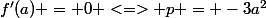 f'(a) = 0 <=> p = -3a^2