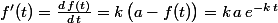 f'(t)=\frac{d\,f(t)}{d\,t}=k\,\big(a-f(t)\big)=k\,a\,e^{-k\,t}
