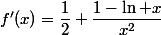 f'(x)=\dfrac{1}{2}+\dfrac{1-\ln x}{x^2}