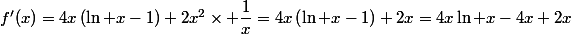 f'(x)=4x\left(\ln x-1\right)+2x^2\times \dfrac{1}{x}=4x\left(\ln x-1\right)+2x=4x\ln x-4x+2x