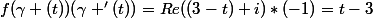 f(\gamma (t))(\gamma '(t))=Re((3-t)+i)*(-1)=t-3