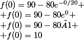 f(0)=90-80e^{-0/20}
 \\ f(0)=90-80e^0
 \\ f(0)=90-80×1
 \\ f(0)=10