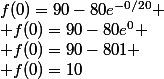 f(0)=90-80e^{-0/20}
 \\ f(0)=90-80e^0
 \\ f(0)=90-801
 \\ f(0)=10