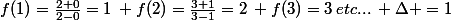 f(1)=\frac{2+0}{2-0}=1\: f(2)=\frac{3+1}{3-1}=2\: f(3)=3\:etc...\: \Delta =1