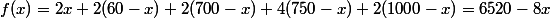 f(x)=2x+2(60-x)+2(700-x)+4(750-x)+2(1000-x)=6520-8x
