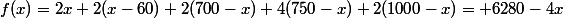 f(x)=2x+2(x-60)+2(700-x)+4(750-x)+2(1000-x)= 6280-4x