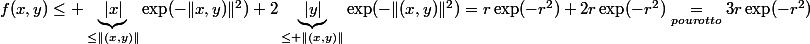 f(x,y)\leq \underbrace{|x|}_{\leq\|(x,y)\|}\exp(-\|x,y)\|^2)+2\underbrace{|y|}_{\leq \|(x,y)\|}\exp(-\|(x,y)\|^2)=r\exp(-r^2)+2r\exp(-r^2)\underset{pour\ otto}{=}3r\exp(-r^2)