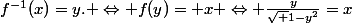 f^{-1}(x)=y. \Leftrightarrow f(y)= x \Leftrightarrow \frac{y}{\sqrt {1-y^{2}}}=x
