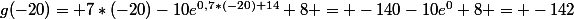 g(-20)= 7*(-20)-10e^{0,7*(-20)+14}+8 = -140-10e^{0}+8 = -142