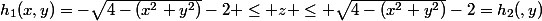 h_1(x,y)=-\sqrt{4-(x^2+y^2)}-2 \le z \le \sqrt{4-(x^2+y^2)}-2=h_2(,y)