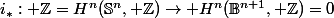 i_*: \mathbb{Z}=H^{n}(\mathbb{S}^n, \mathbb{Z})\to H^{n}(\mathbb{B}^{n+1}, \mathbb{Z})=0