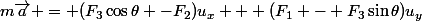 m\vec{a} = (F_3\cos\theta -F_2)u_x + (F_1 - F_3\sin\theta)u_y