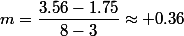 m=\dfrac{3.56-1.75}{8-3}\approx 0.36