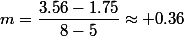 m=\dfrac{3.56-1.75}{8-5}\approx 0.36