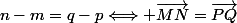 n-m=q-p\Longleftrightarrow \overrightarrow{MN}=\overrightarrow{PQ}