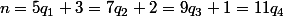 n=5q_1+3=7q_2+2=9q_3+1=11q_4