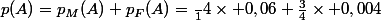 p(A)=p_M(A)+p_F(A)=\frac{}1{4}\times 0,06+\frac{3}{4}\times 0,004