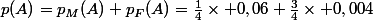 p(A)=p_M(A)+p_F(A)=\frac{1}{4}\times 0,06+\frac{3}{4}\times 0,004