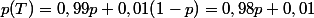 p(T)=0,99p+0,01(1-p)=0,98p+0,01