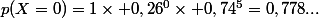 p(X=0)=1\times 0,26^0\times 0,74^5=0,778...