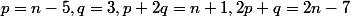 p=n-5,q=3,p+2q=n+1,2p+q=2n-7